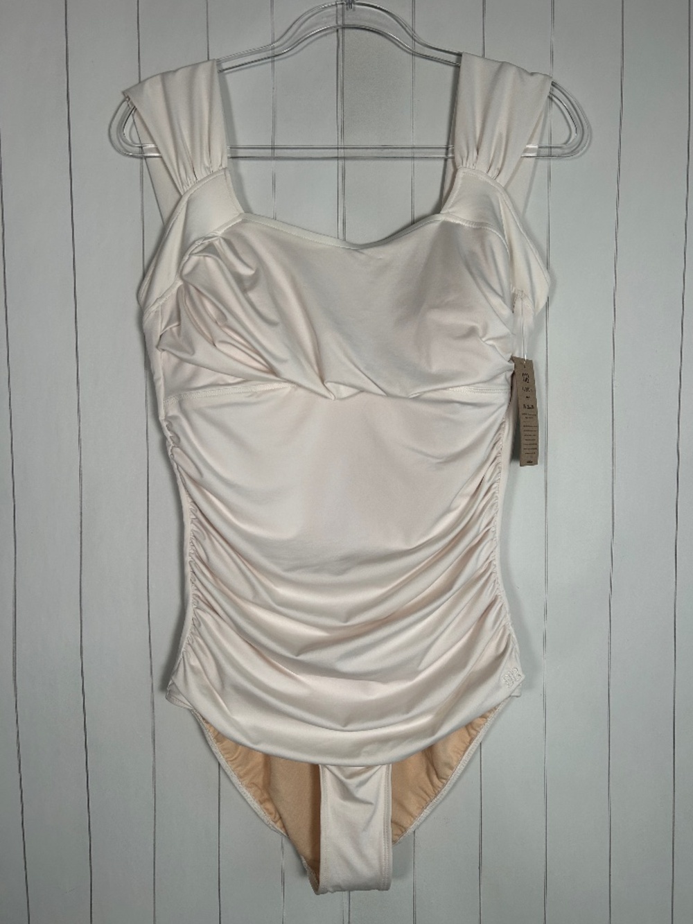 Albion size L off shoulder one piece swimsuit Ivory modest padded ruched NEW